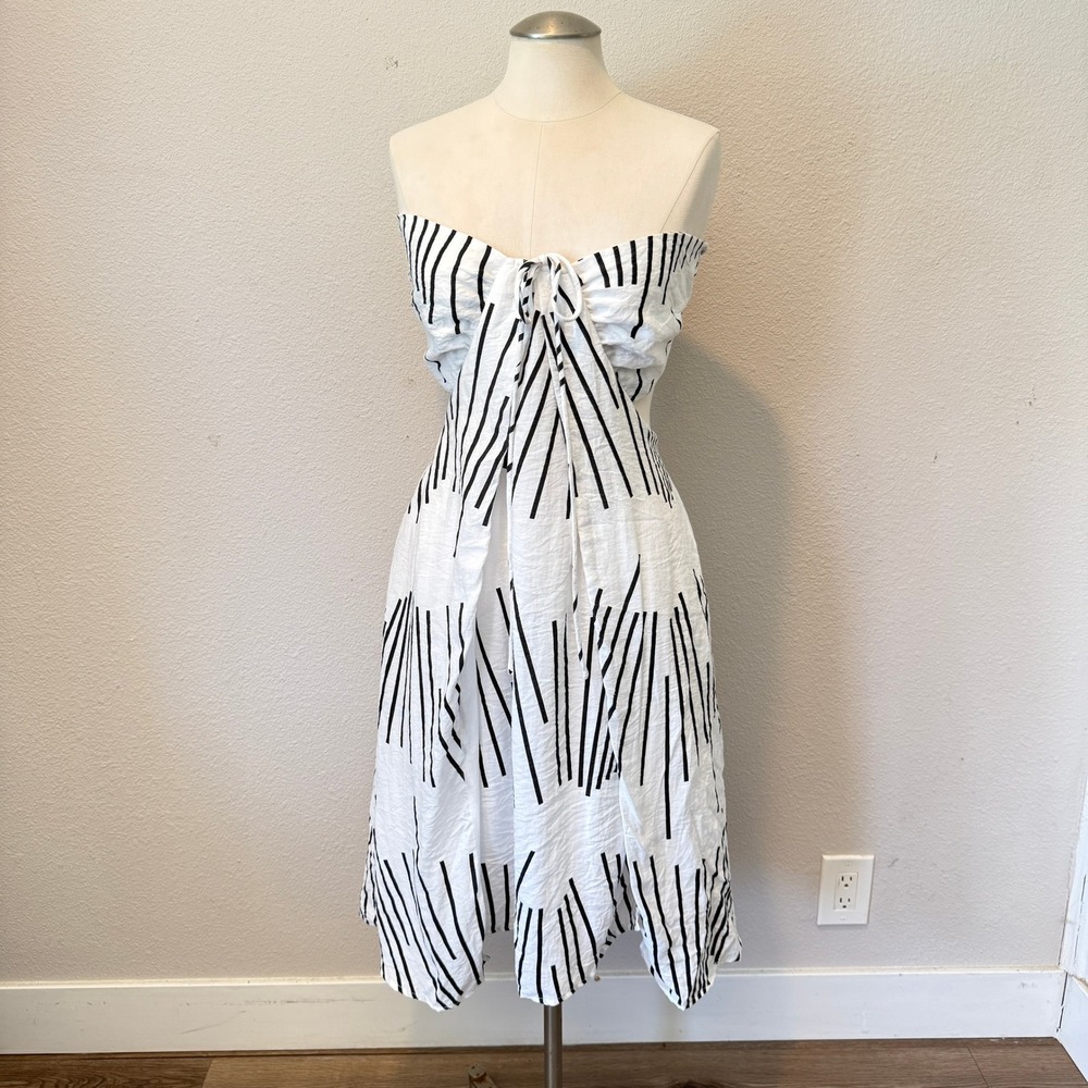 Baloot Womens Strapless Cut-Out Midi Dress White Black Abstract Stripe Small